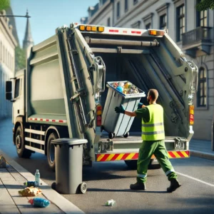 DALL·E 2025-01-30 12.09.50 - A hyperrealistic image of a garbage collector (rippeur) lifting a trash bin into the back of a garbage truck. The scene is set in an urban environment