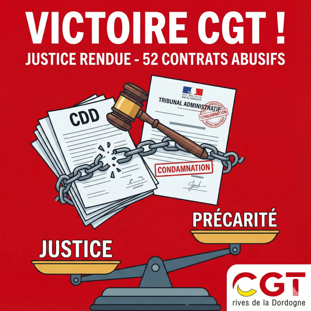 Graphique rouge annonçant "VICTOIRE CGT ! JUSTICE RENDUE - 52 CONTRATS ABUSIFS", avec un marteau brisant des chaînes sur des CDD et une balance de justice.